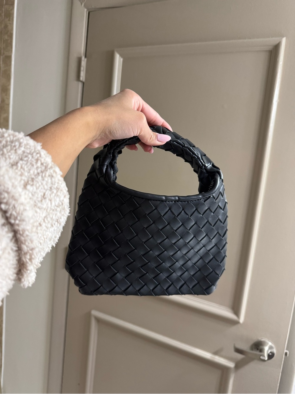 Woven Leather Mini Tote Bag - Black